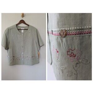 VTG Koret Petites Women's Button Top Sz 16P Embroidered Floral Teacher Green NWT
